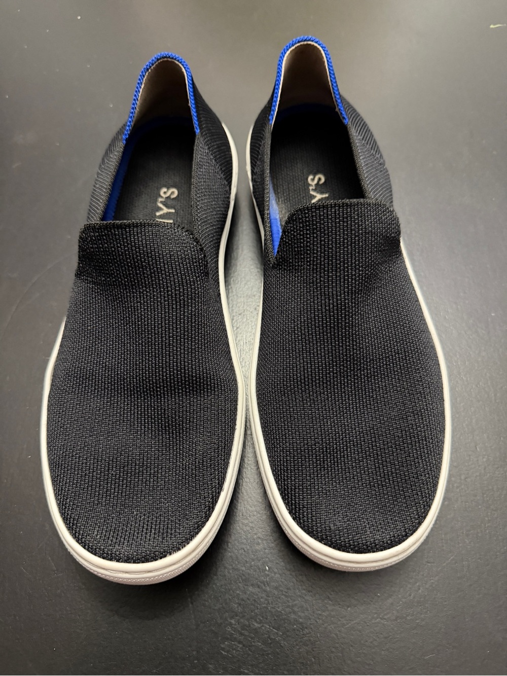 Rothy's Black Knit Slip-On Loafers with Blue Trim Sz 8